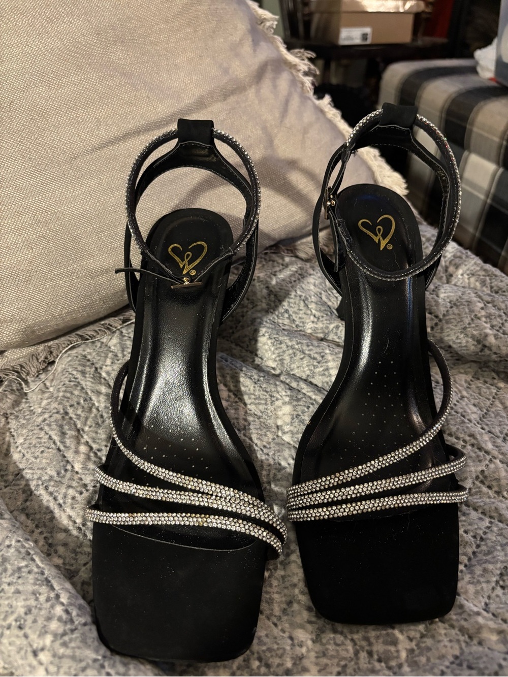 Women's Black Rhinestone Strap Heel Sandals